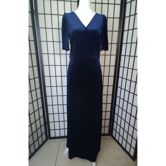 MEROKEETY Women's Blue V-Neck Wrap Velvet Maxi Dress Bell Sleeve Dress Size Med - Picture 1 of 10